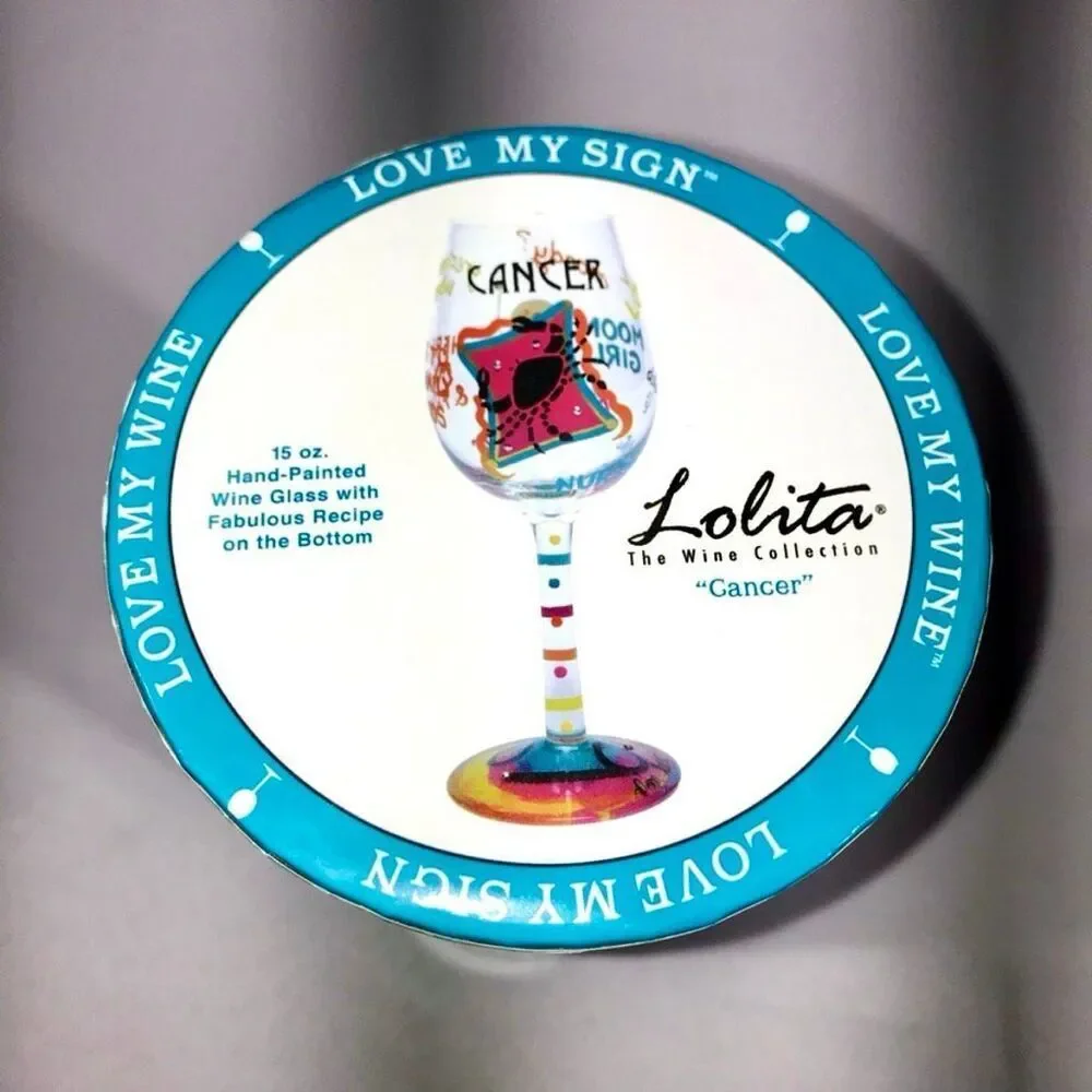 NWT Gorgeous Lolita Love My Sign Cancer 15oz Hand Painted Wine Glass Gift Set